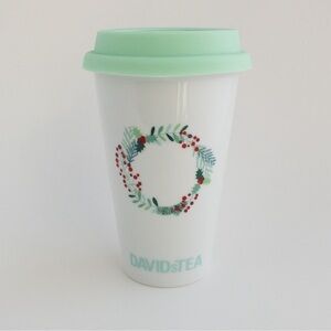 Davids Tea Ceramic Travel Cup with Green Wreath & Red Berries Silicone Top 12oz